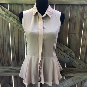 A.Maglia Tan Sleeveless Peplum Blouse with Sequin Collar & Lace Panel in Back